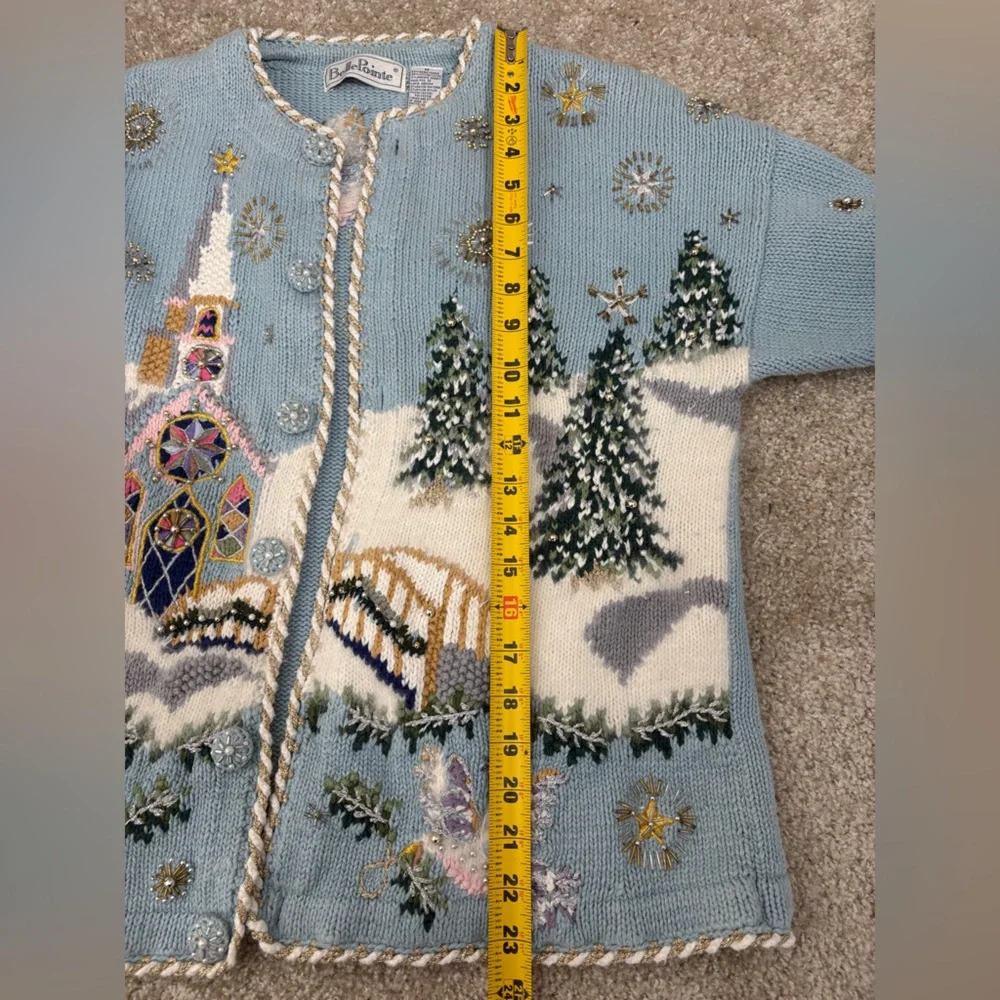 Vintage BellePointe Blue Winter Scape Embroidered Beaded Women's Cardigan Medium